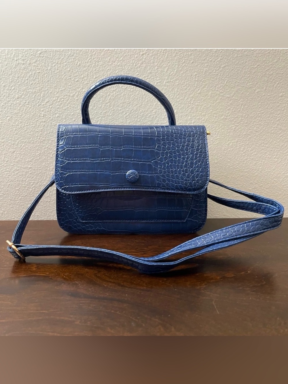 Blue faux leather croc embossed mini bag with matching wallet